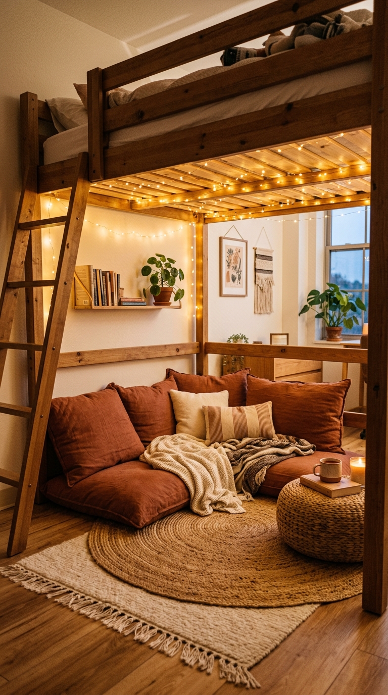 Cozy soft zone with layered rugs and floor pillows in a shared dorm room under lofted beds