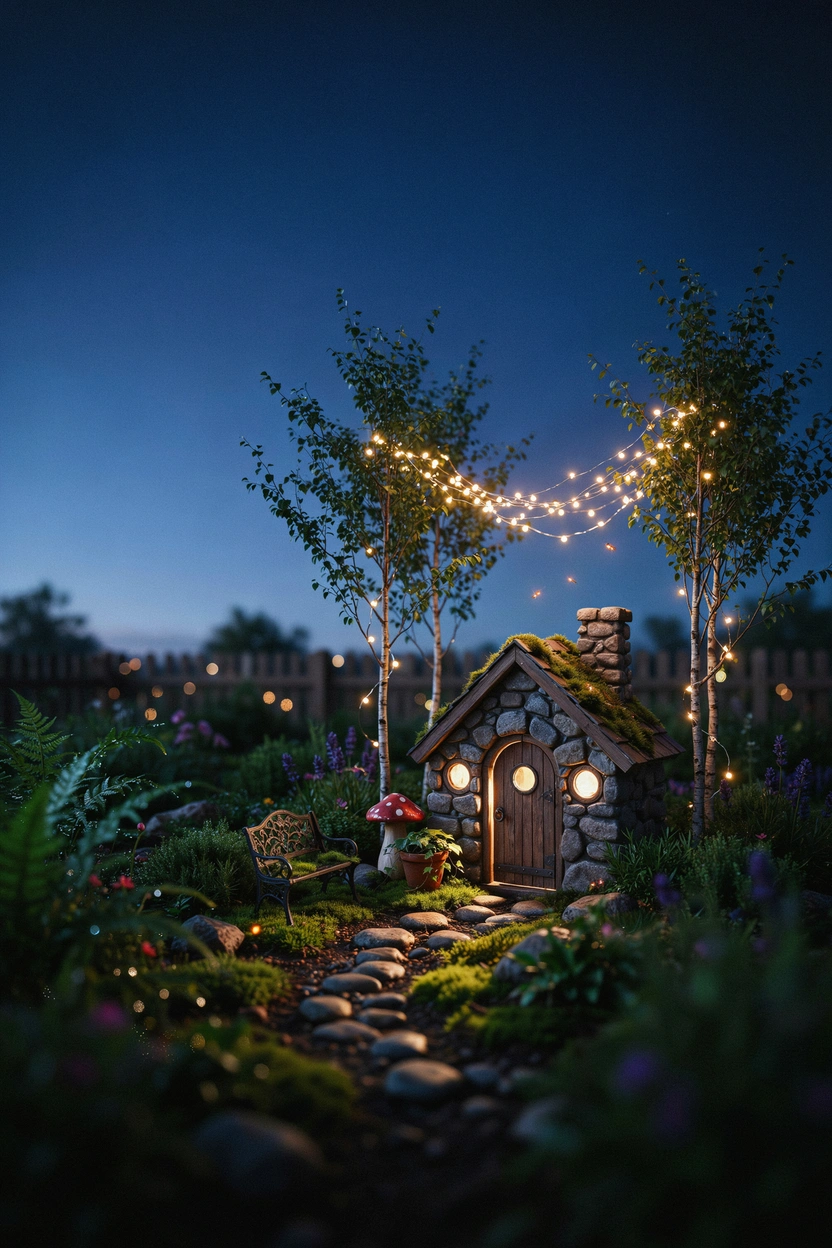 Stone fairy cottage wrapped in warm solar fairy lights glowing in a nighttime miniature garden