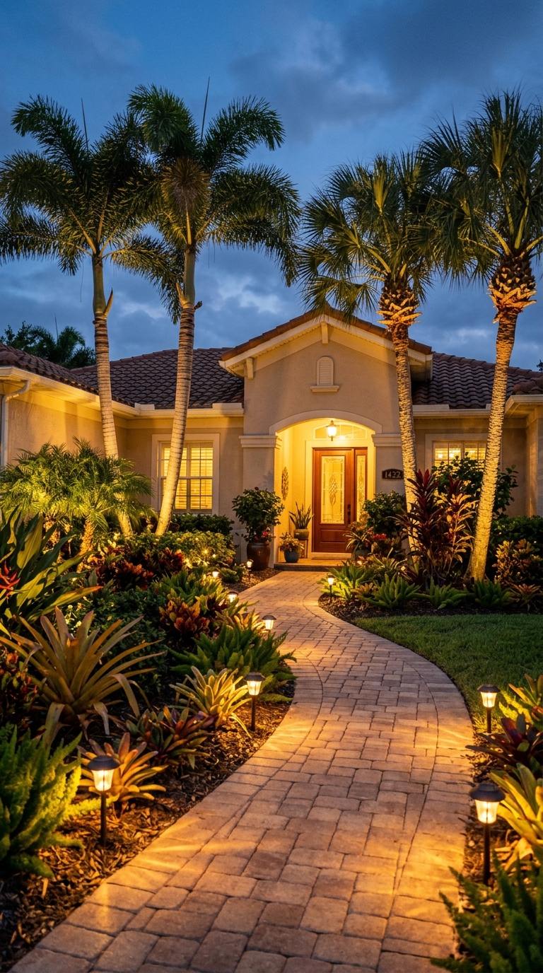 Florida front yard at night with warm solar landscape lighting on palm trees, walkway, and home facade