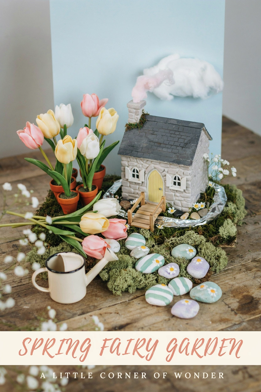 Spring fairy garden with stone house surrounded by miniature tulips and pastel painted pebbles