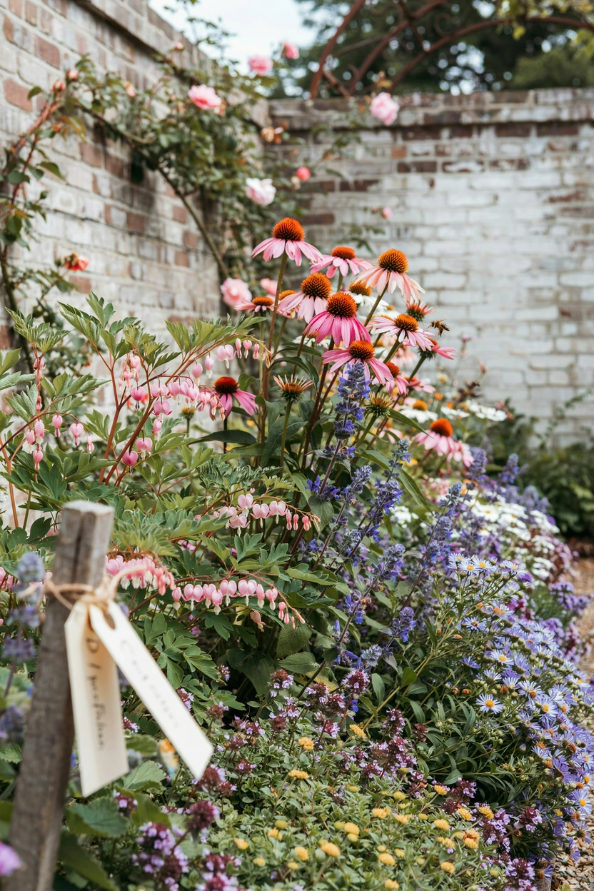 Perennial cottage garden border with succession planting from spring through fall in full bloom