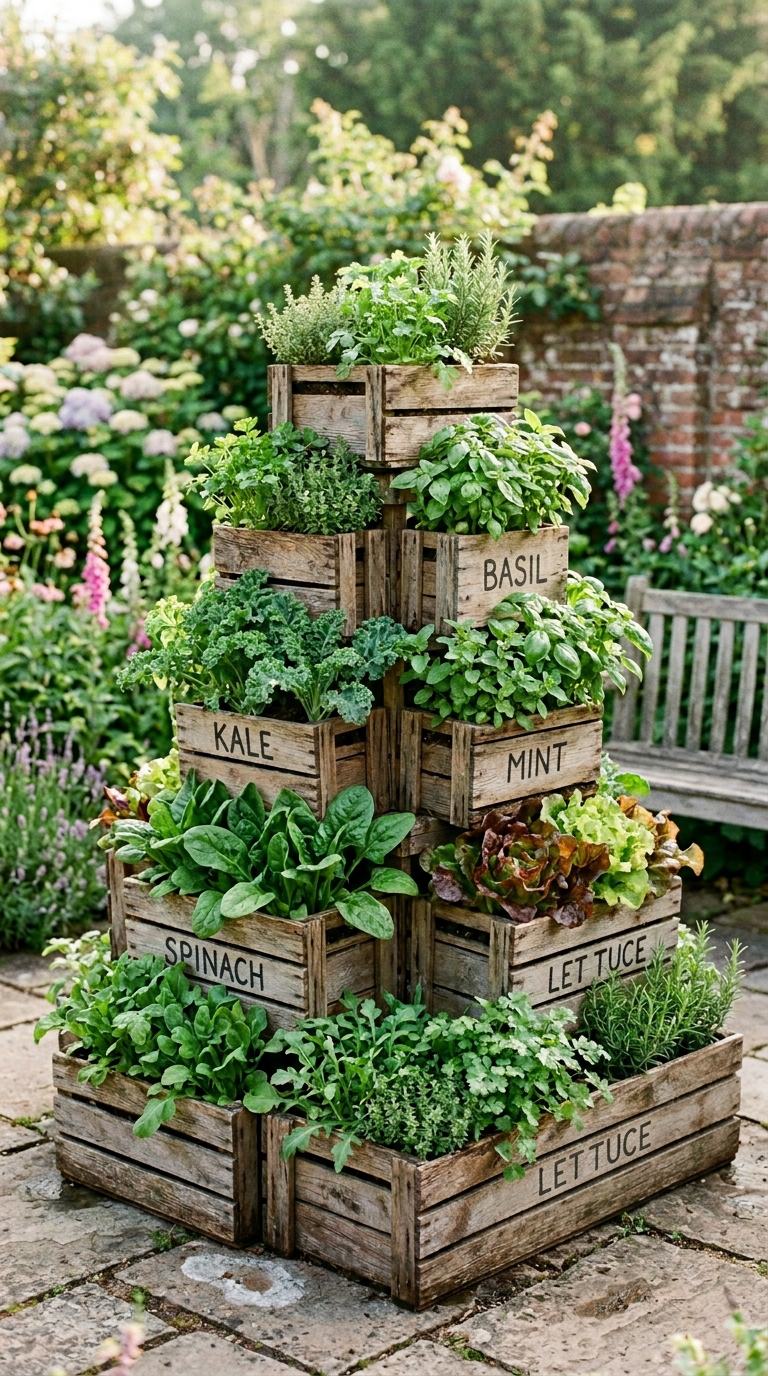 Stacked crate garden tower for compact potager gardening