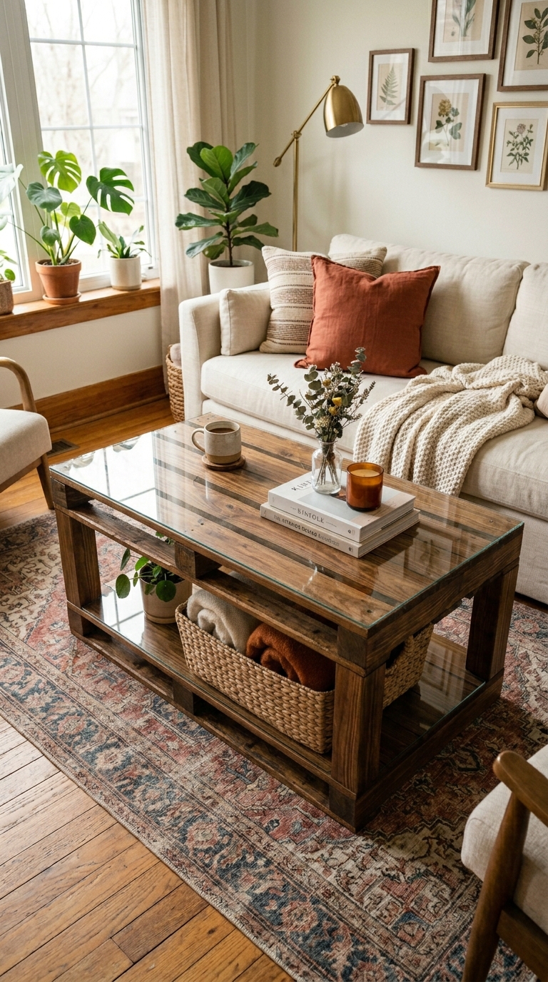 Stacked pallet coffee table DIY with hidden storage shelf in warm walnut stain, styled with woven basket and cozy living room decor
