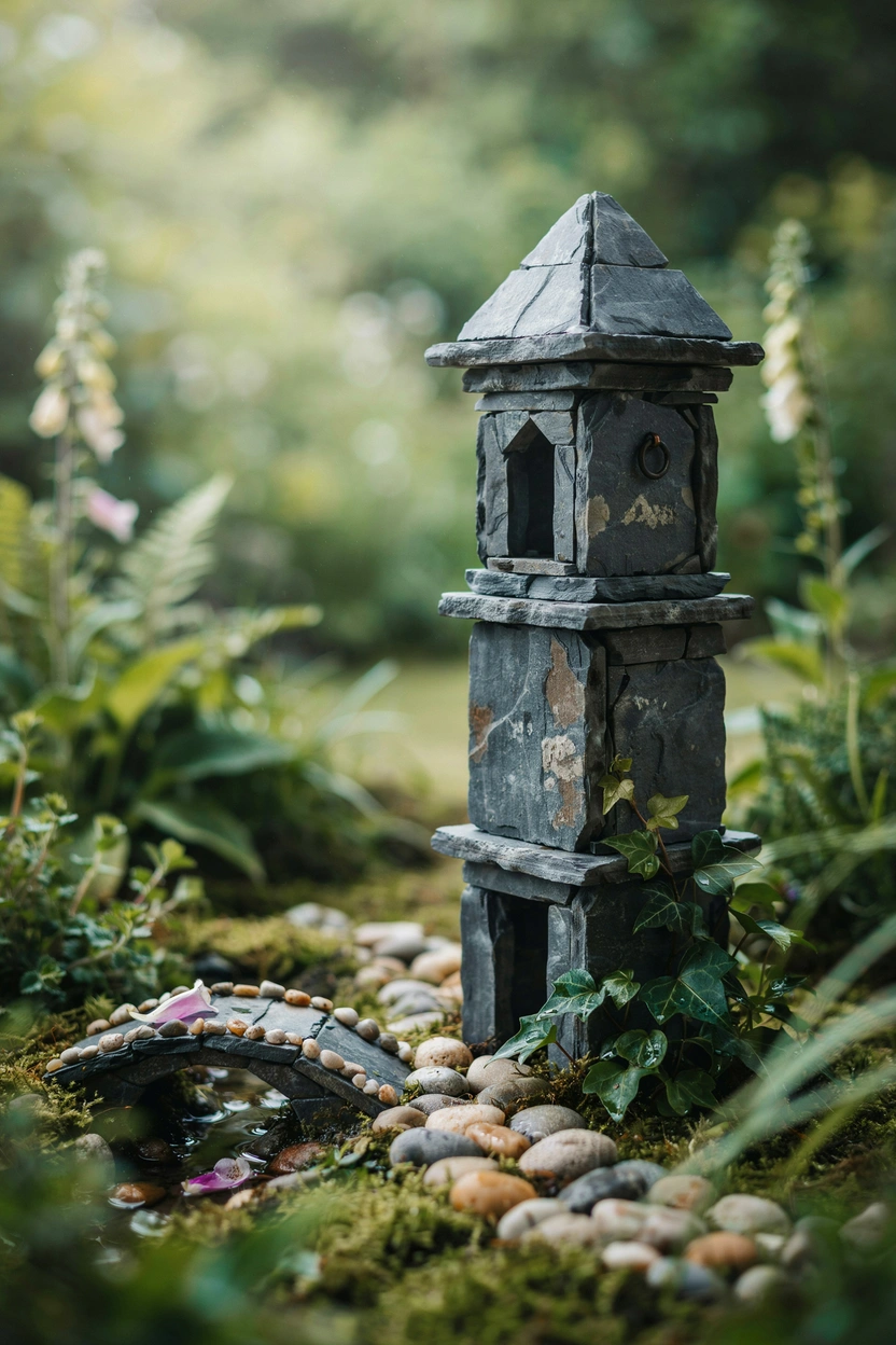 Stacked slate stone fairy tower next to a pebble path in a miniature garden with ivy at base