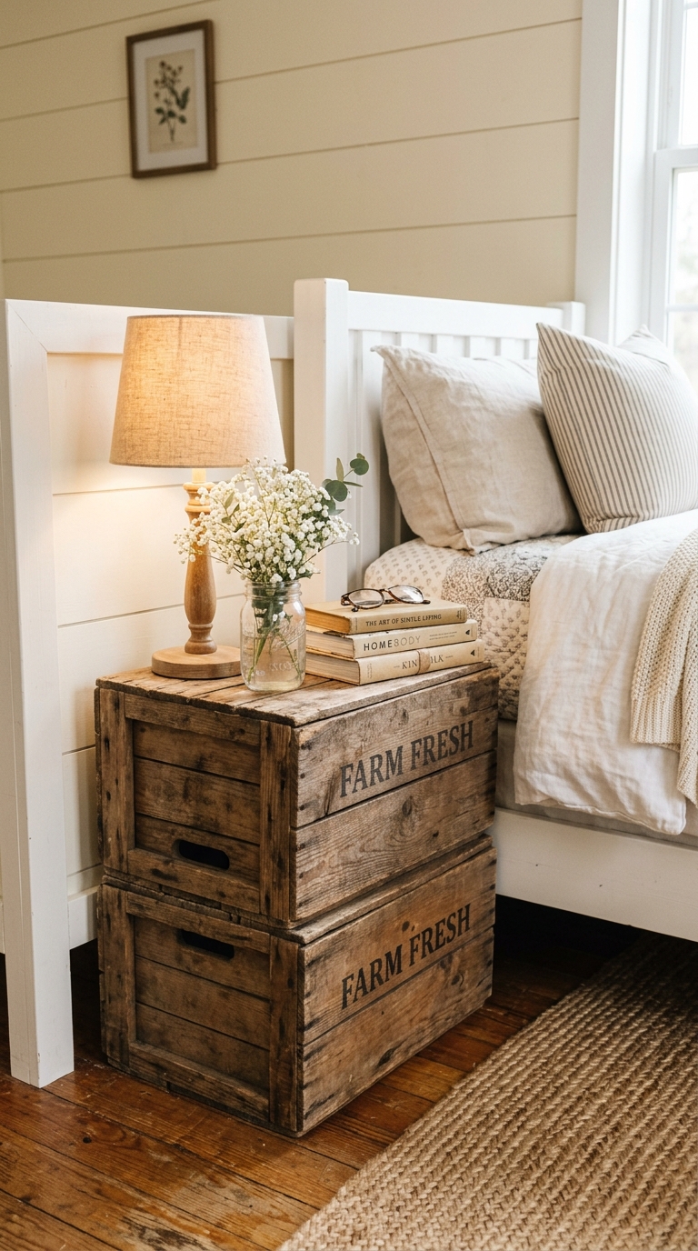 tacked vintage wooden crates used as a DIY nightstand with lamp and flowers in a shabby chic farmhouse bedroom