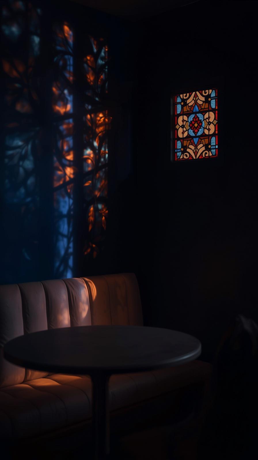 Moody breakfast nook with stained glass window casting colored light across dark navy walls