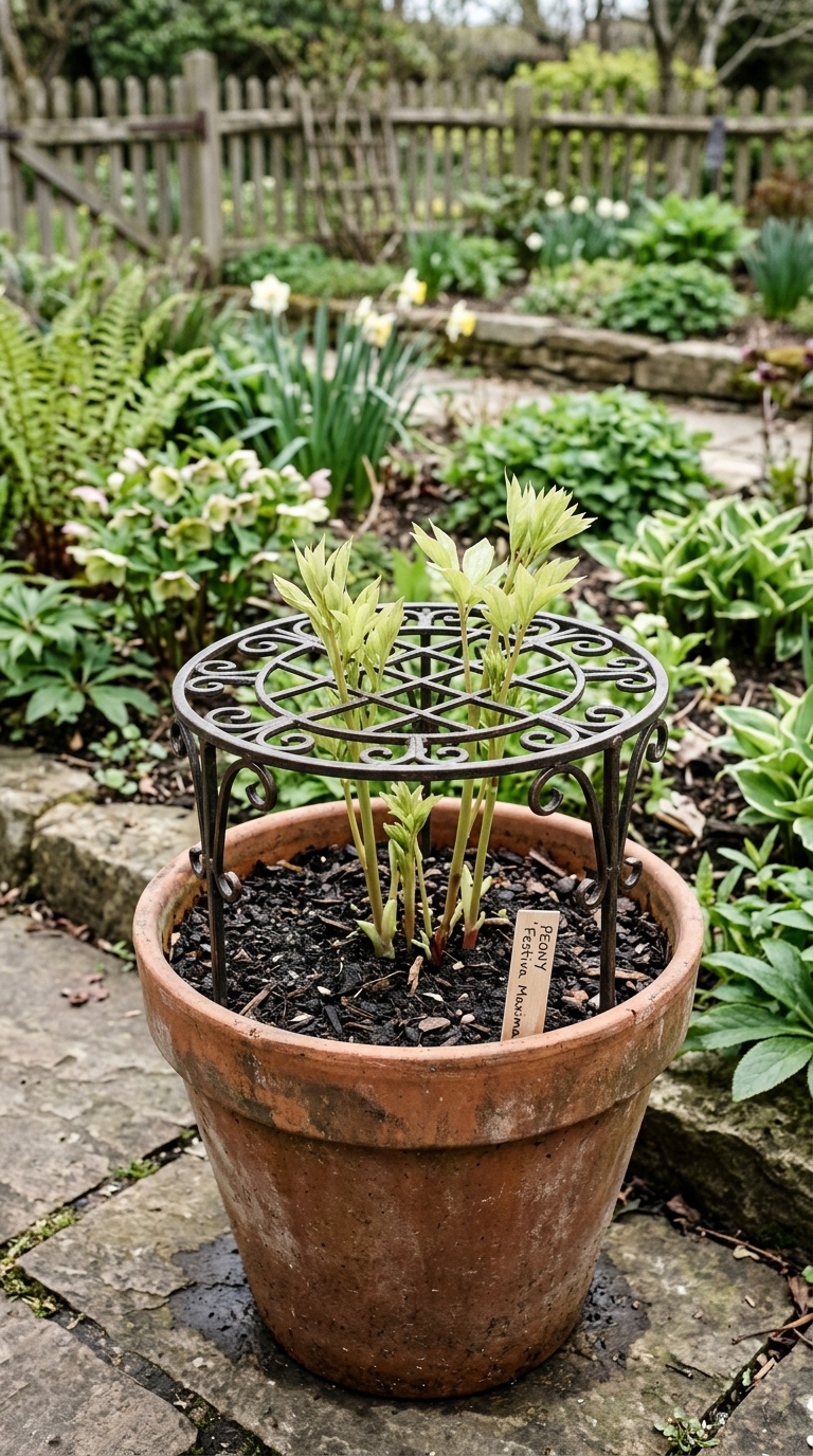 Metal grow-through ring support installed around emerging peony stems in a large terracotta pot showing correct staking for container peonies
