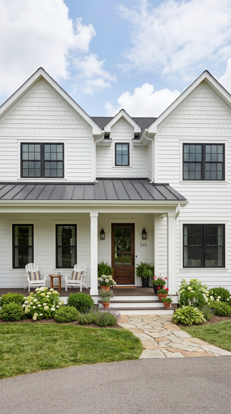 Charcoal standing seam metal roof accent over a farmhouse front porch entry