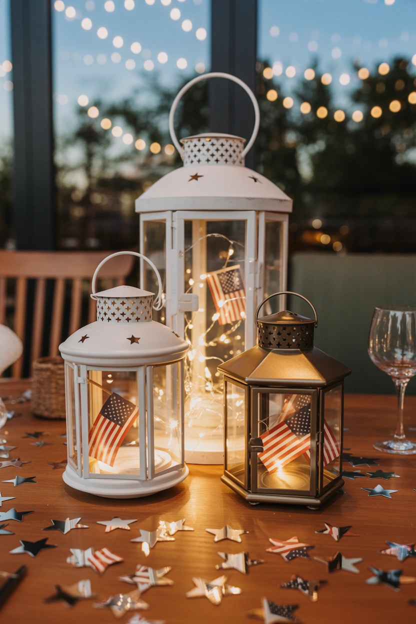 Patriotic lantern centerpiece cluster with fairy lights and American flags for Fourth of July table decor