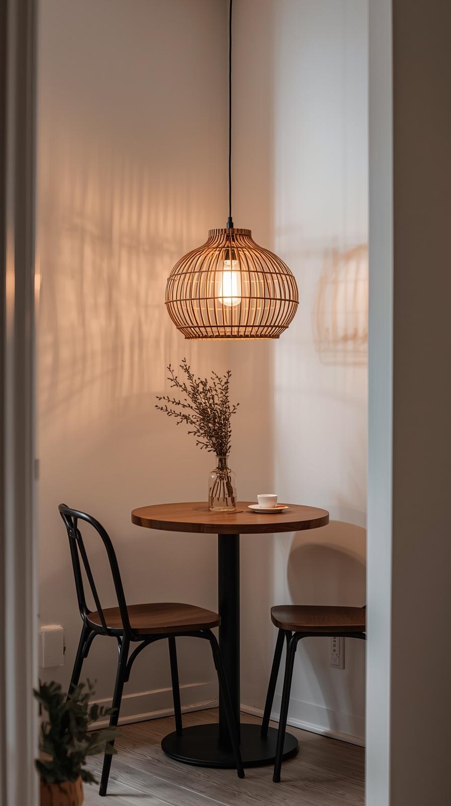 Small breakfast nook with rattan pendant light over a compact round table and slim chairs