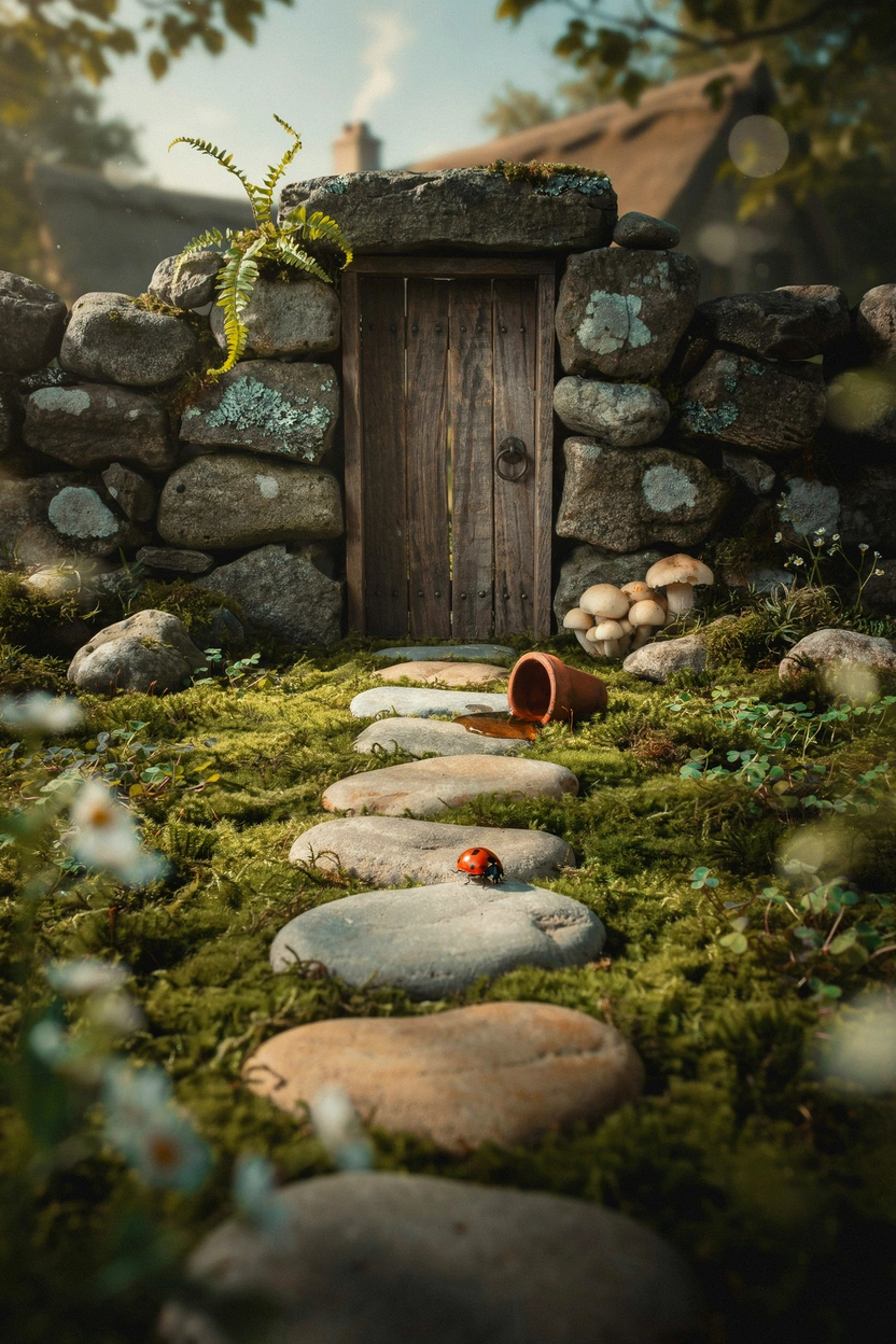 Miniature stepping stone path winding through moss to the front door of a fairy garden stone house