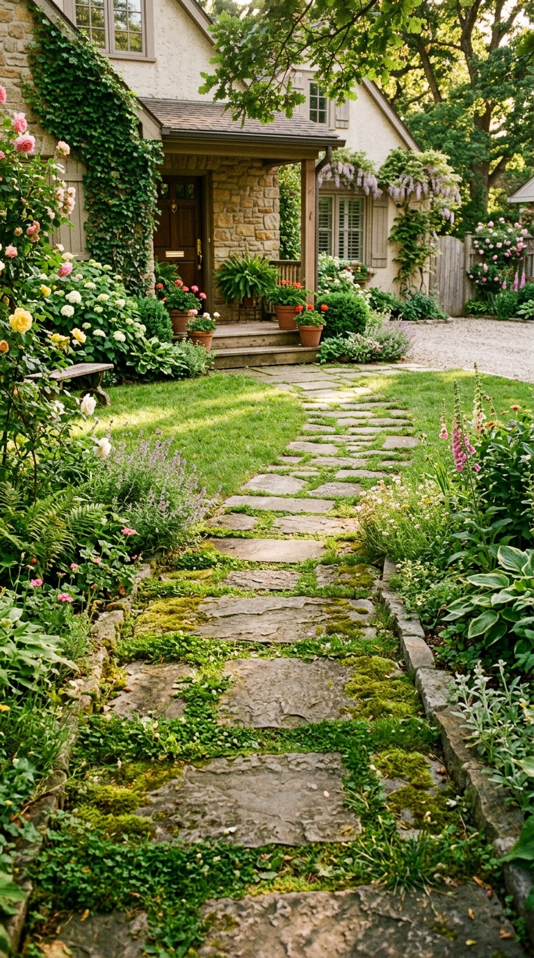Stepping stone walkway with greenery for small front yard landscaping