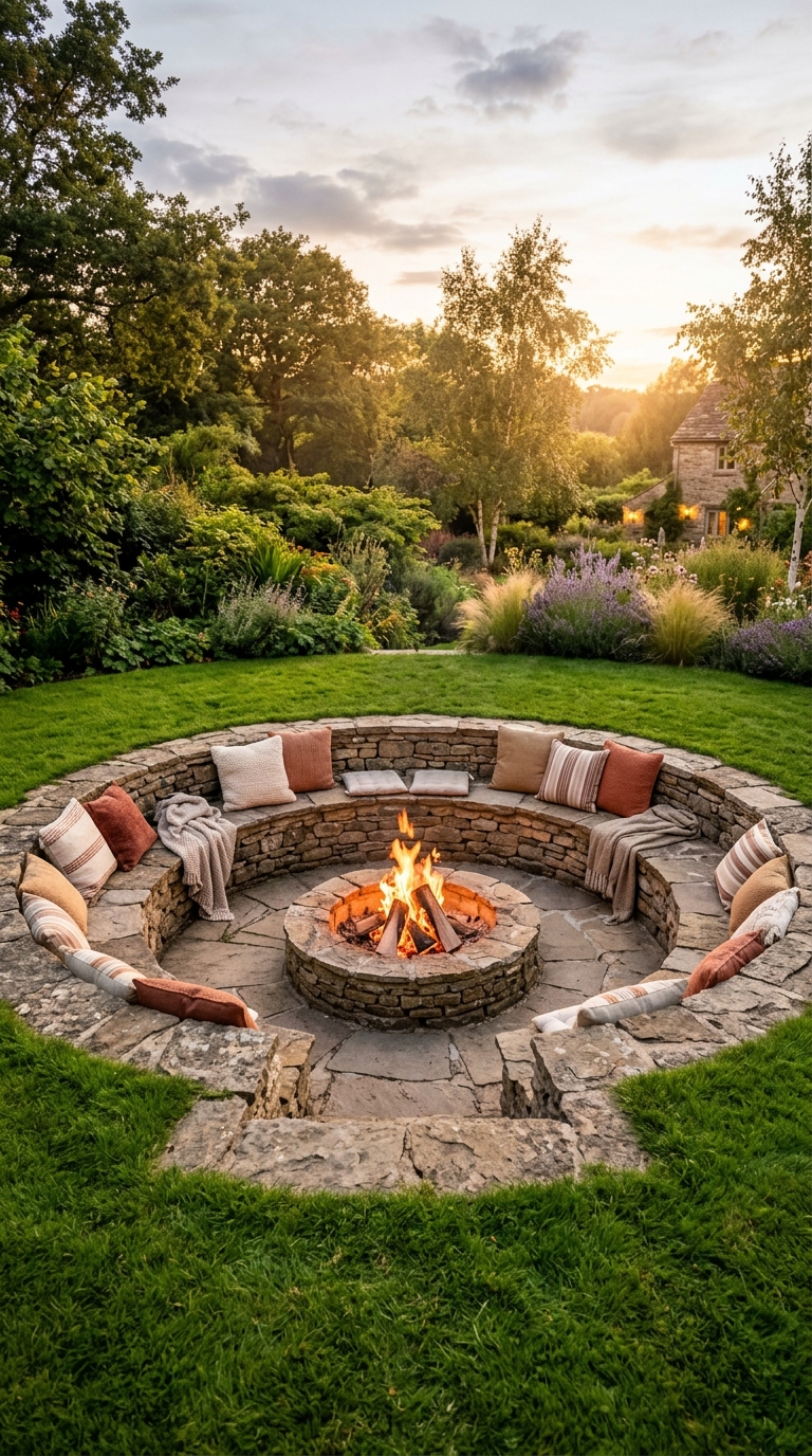 Sunken fire pit ideas with stone built-in bench seating around a glowing fire pit