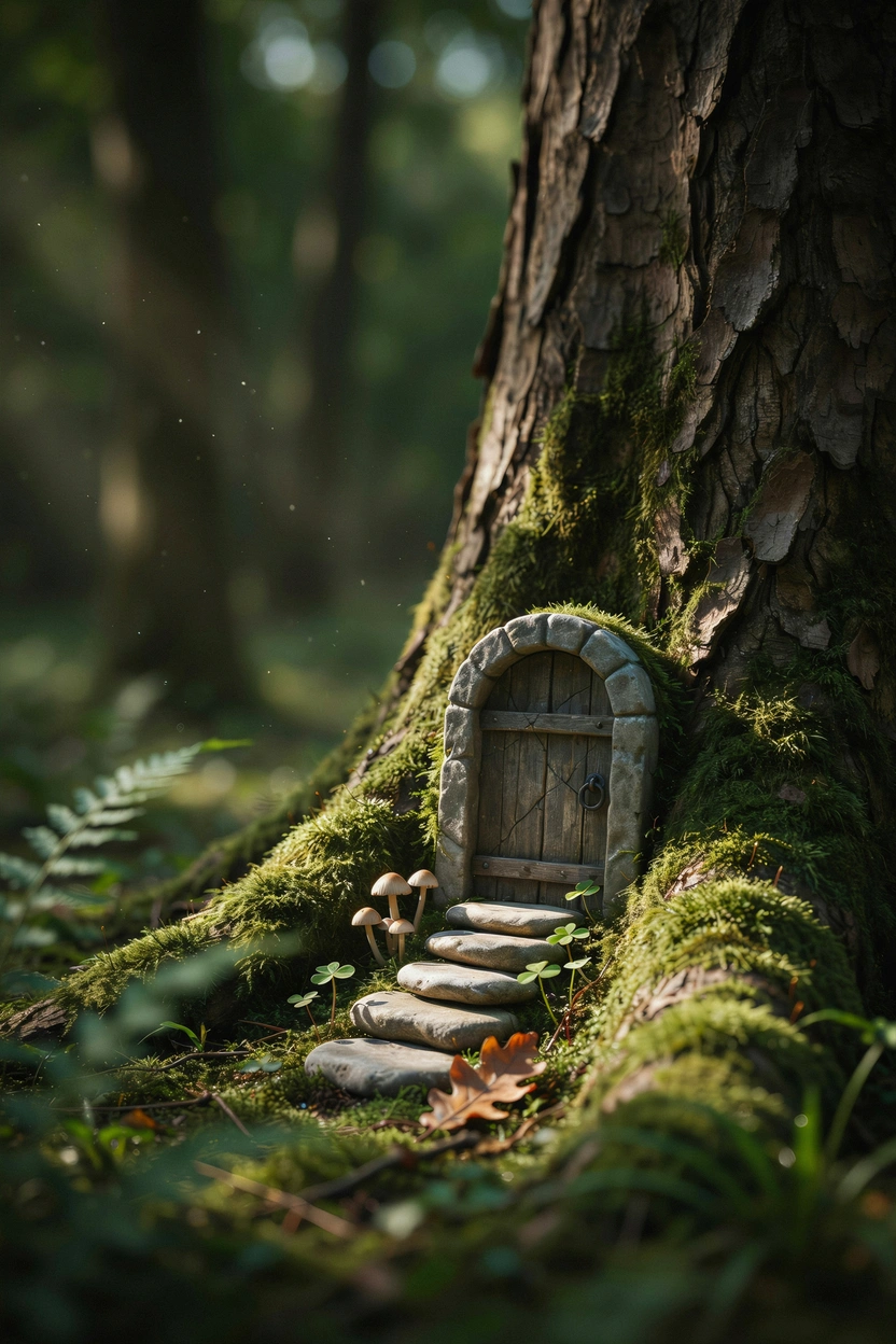 Stone fairy door at the base of a garden tree surrounded by moss and pebble steps
