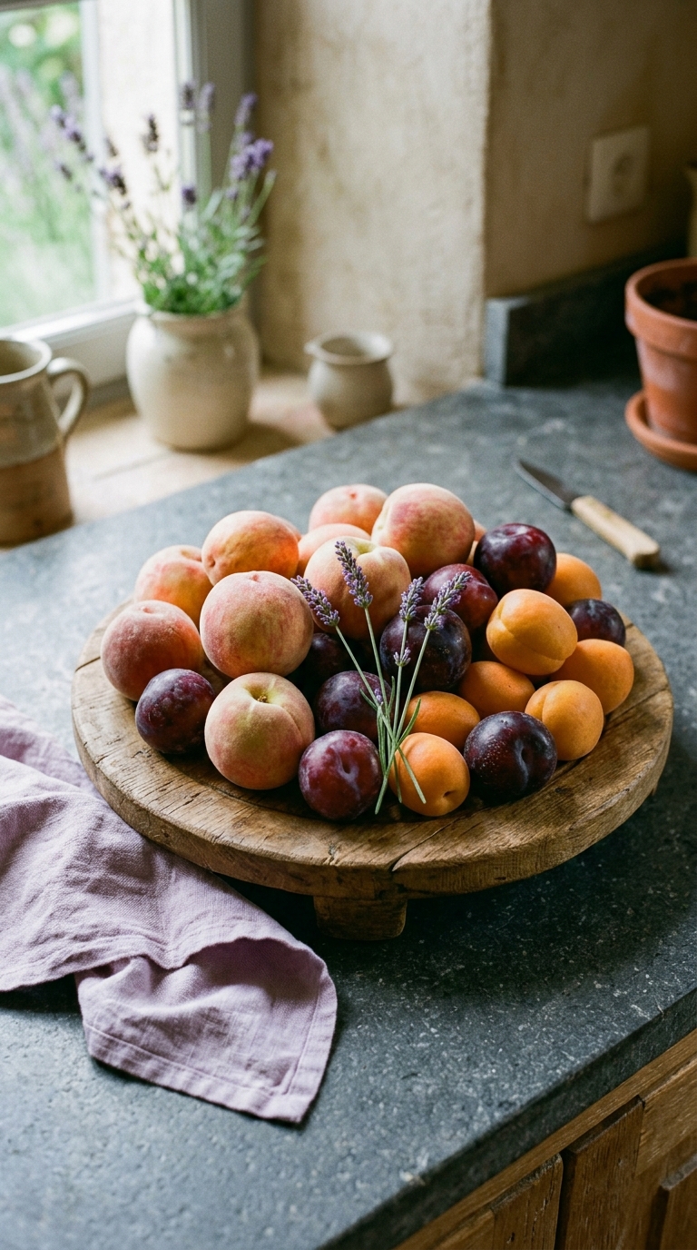 Stone fruit and lavender sprigs on a footed wooden board for summer kitchen counter styling