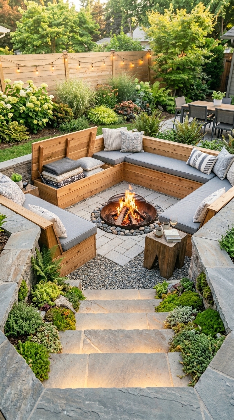 Sunken fire pit idea with built-in stone steps leading to a seating area