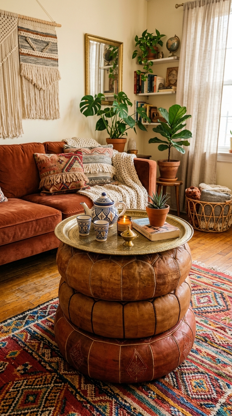 Rattan storage drum coffee table in boho compact apartment living room decor