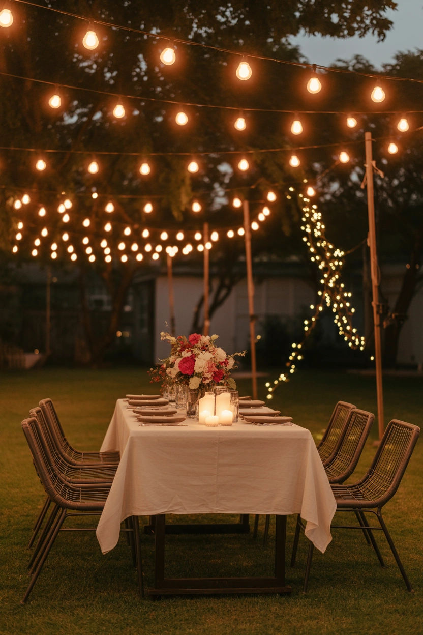 Outdoor 4th of July dining table under a bistro string light canopy at dusk with white tablecloth and candles