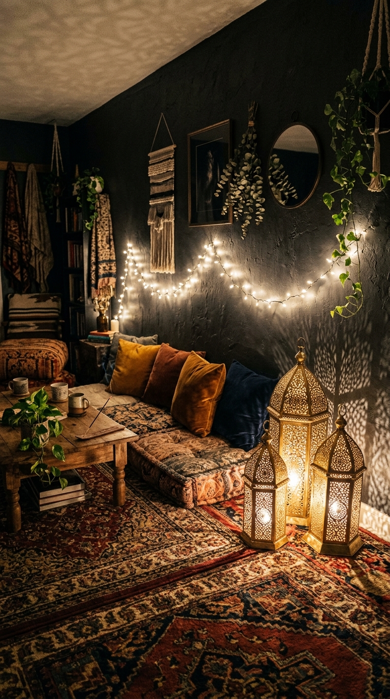 String lights and Moroccan lanterns casting warm glow in a dark boho living room