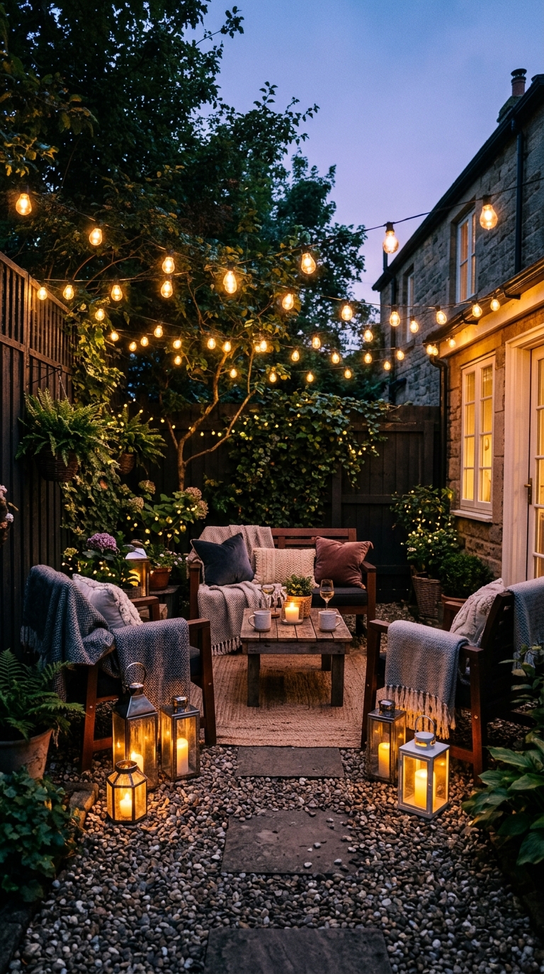 String lights and lantern idea for a cozy small side yard at night
