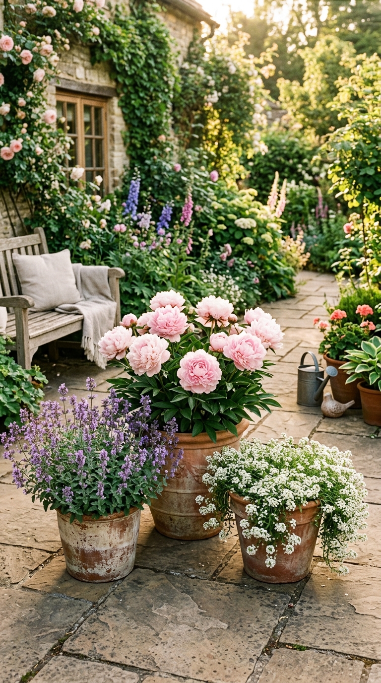 Curated patio display with blush peony pot, nepeta, and trailing alyssum in companion containers showing beautiful container peony styling ideas