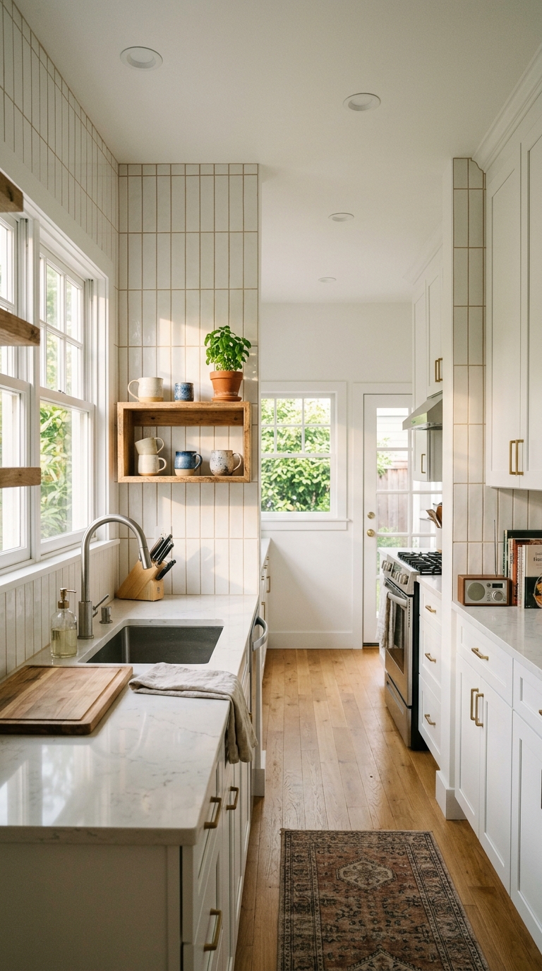 White subway tile backsplash in a vertical stack pattern in a bright and clean galley kitchen design