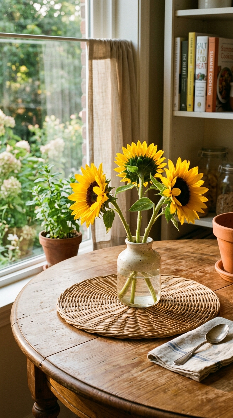 Small cream ceramic vase with sunflowers on a kitchen table as a simple summer centerpiece