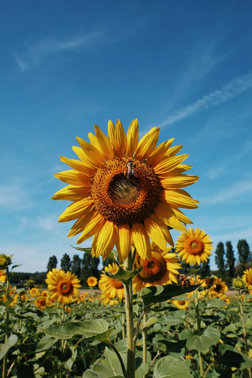 Giant golden sunflowers with native bees collecting pollen in a sunny summer pollinator garden