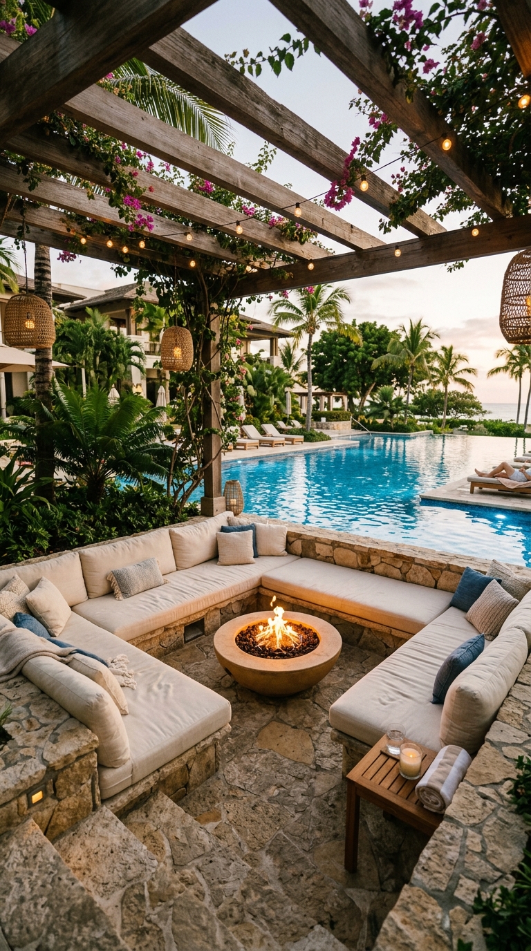 Sunken conversation pit idea with daybeds facing pool