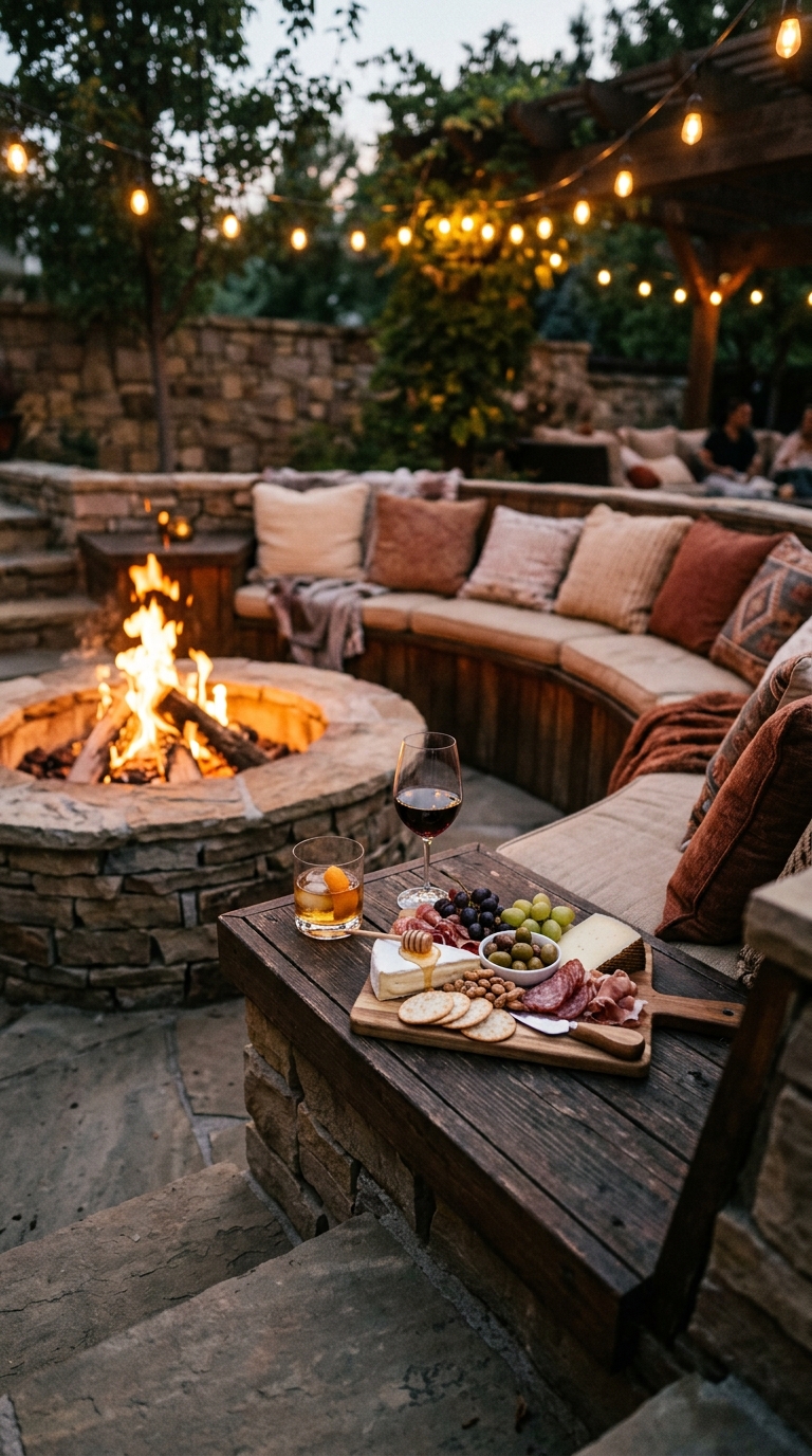 Sunken fire pit idea with built-in serving ledge near seating