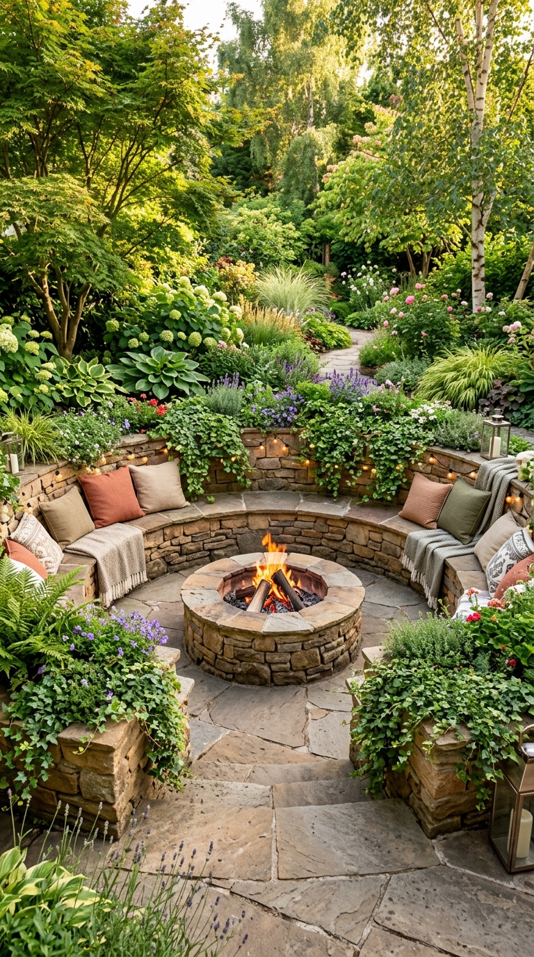 Sunken fire pit idea with built-in planter seating walls and greenery
