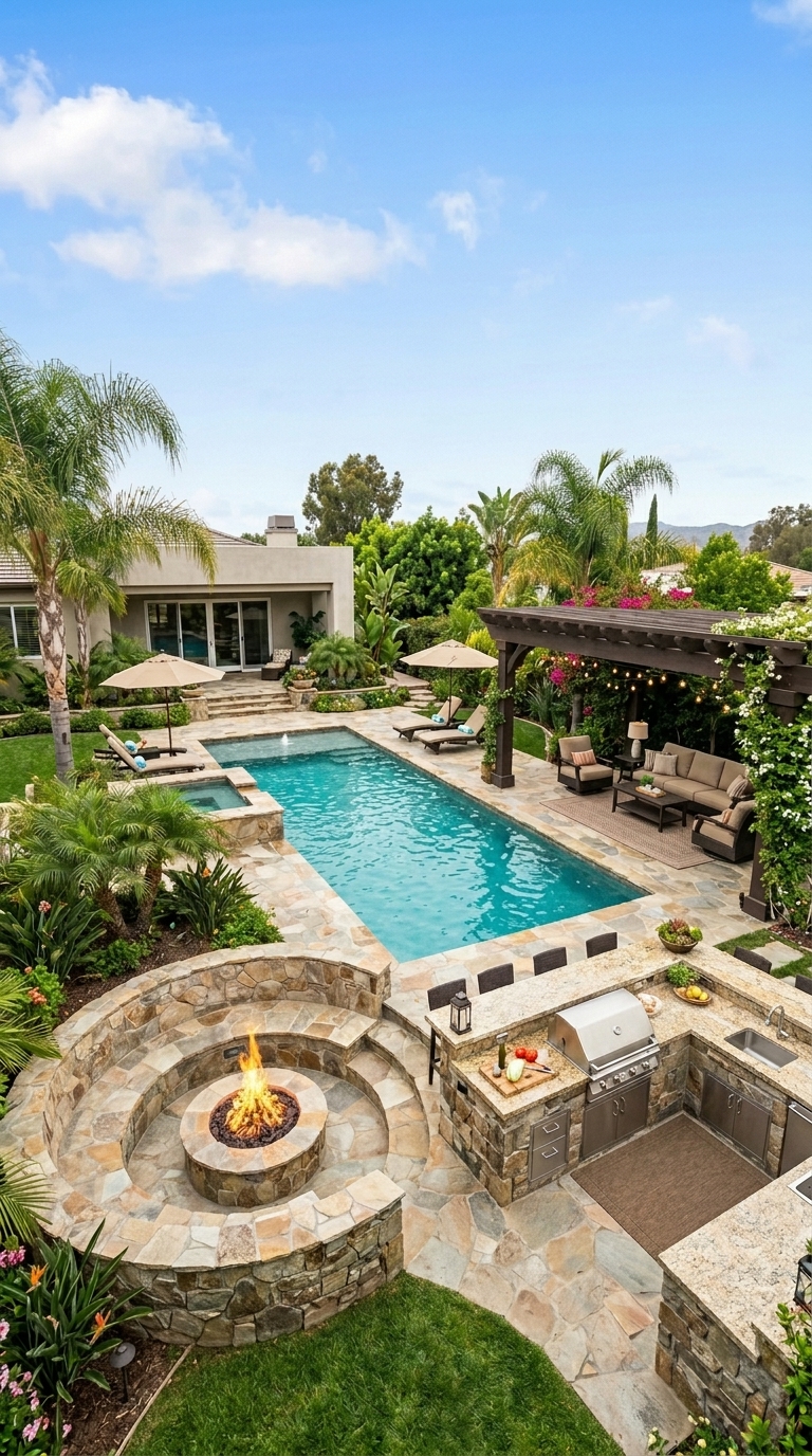Sunken fire pit idea with pool, pergola, and outdoor kitchen combo