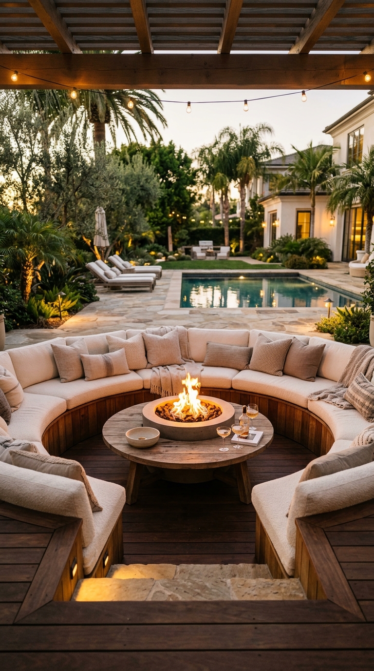 Sunken fire pit lounge idea with outdoor sectional sofa seating