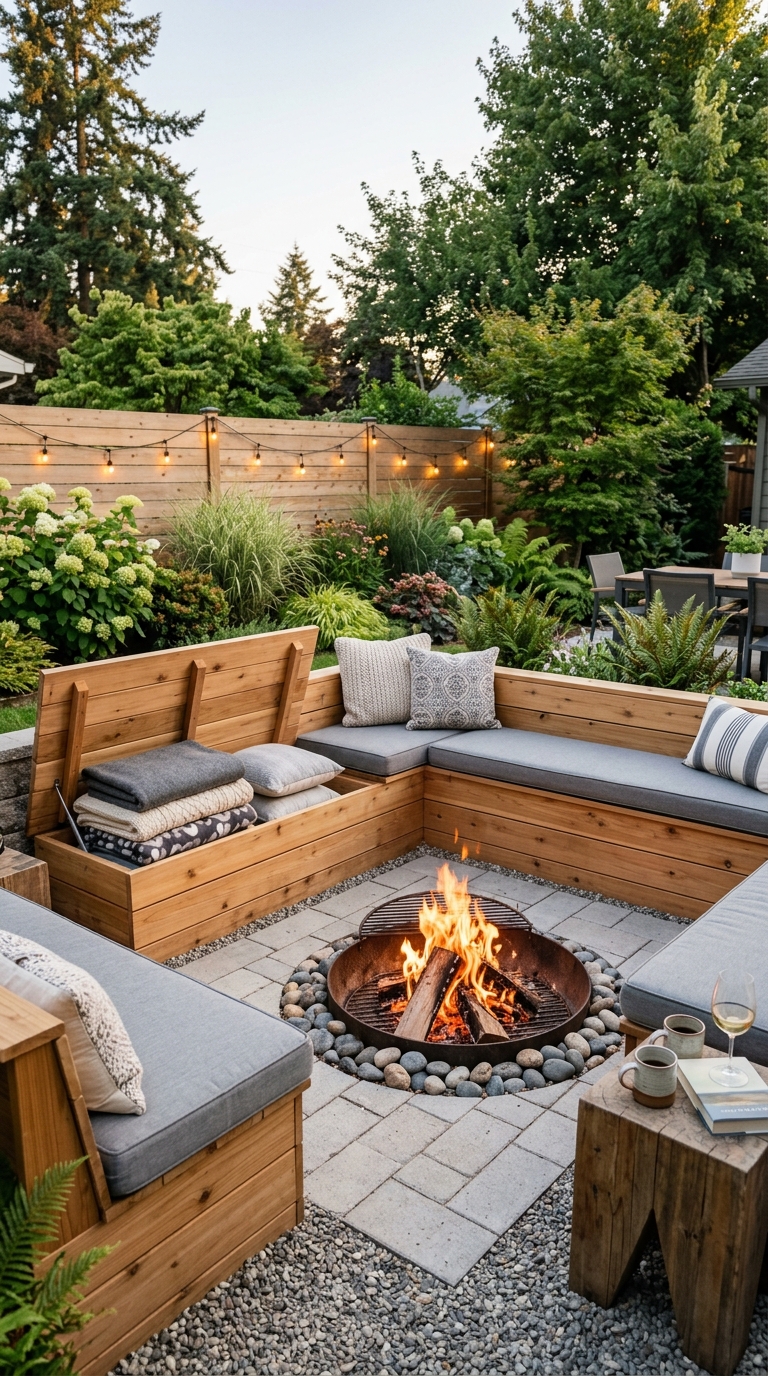 Sunken fire pit idea with built-in storage bench seating