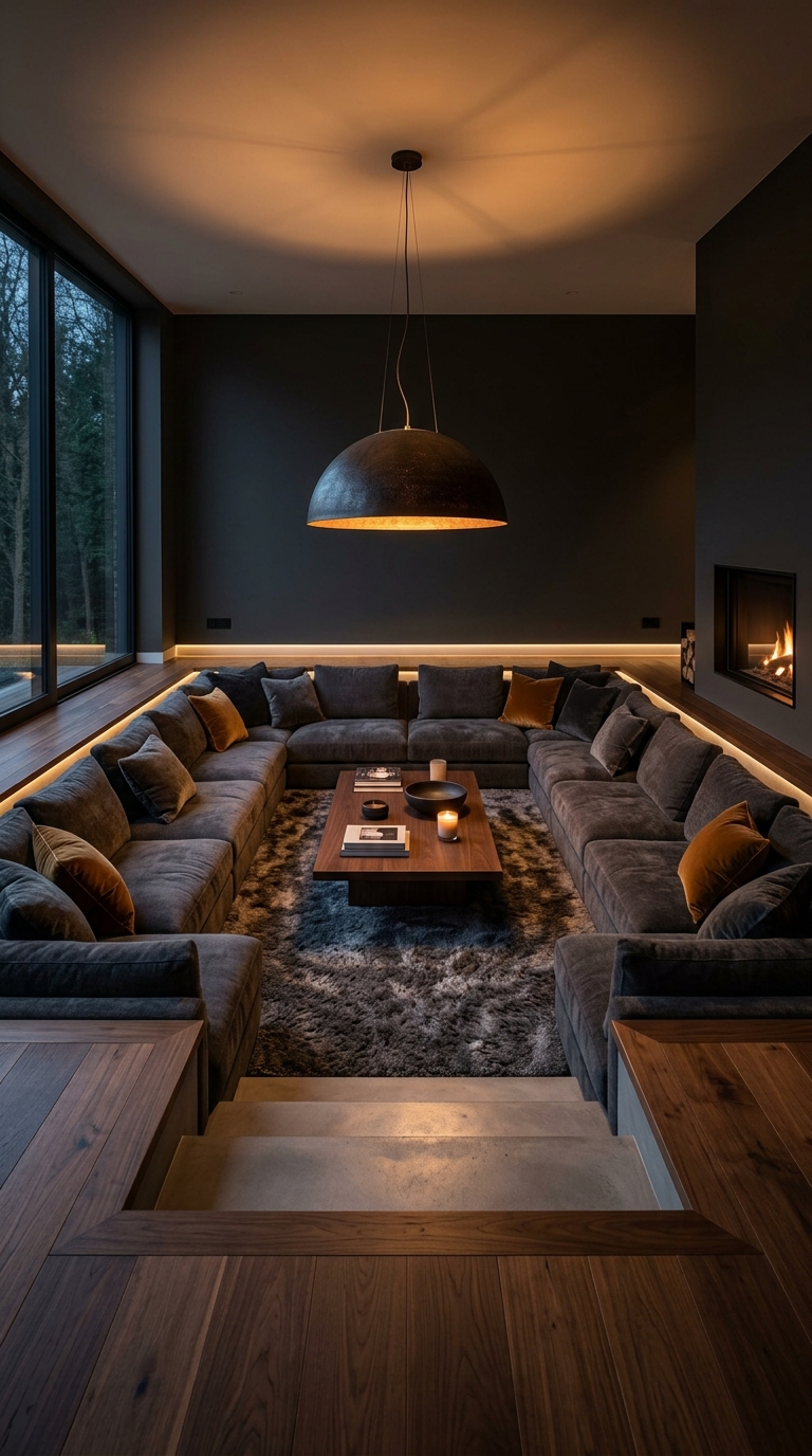 Sunken pit style floor seating living room with dark cushions, a low table, and moody pendant lighting