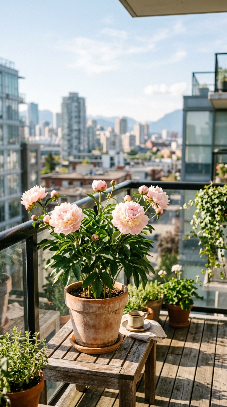 Blush pink peony pot in full morning sunlight on a south-facing balcony showing ideal sun position for container peony growing