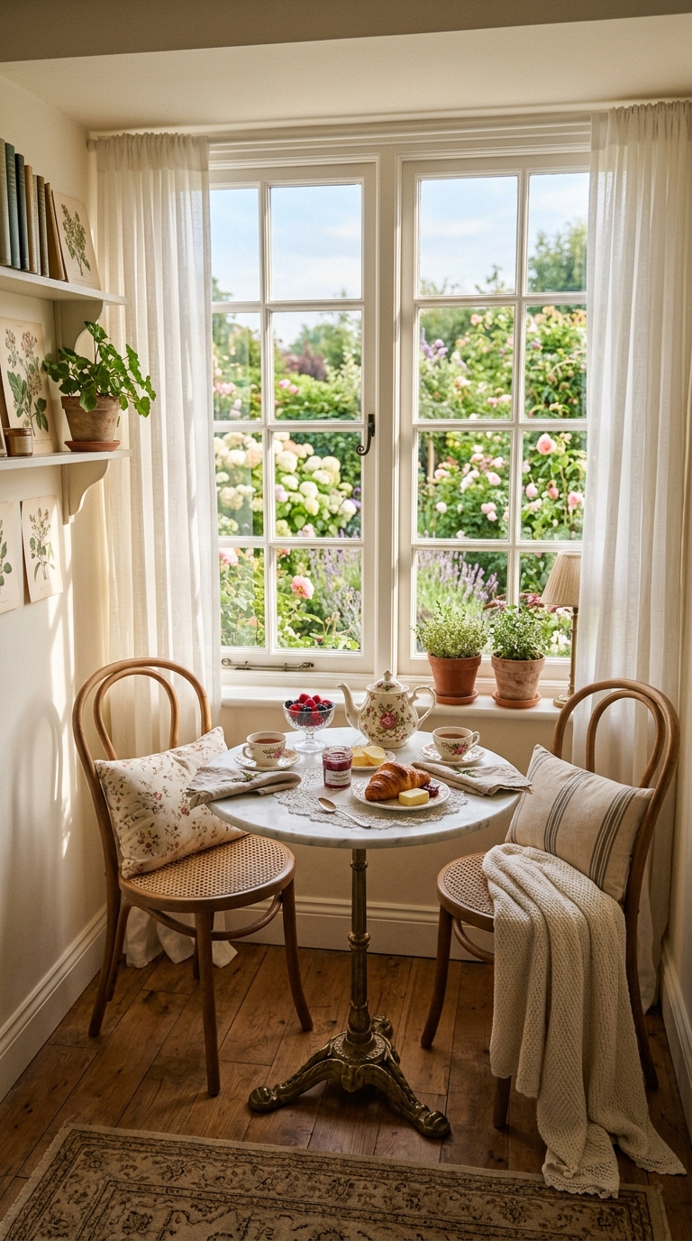 Sunlit cottage breakfast nook with marble-top café table and sheer curtains overlooking the garden