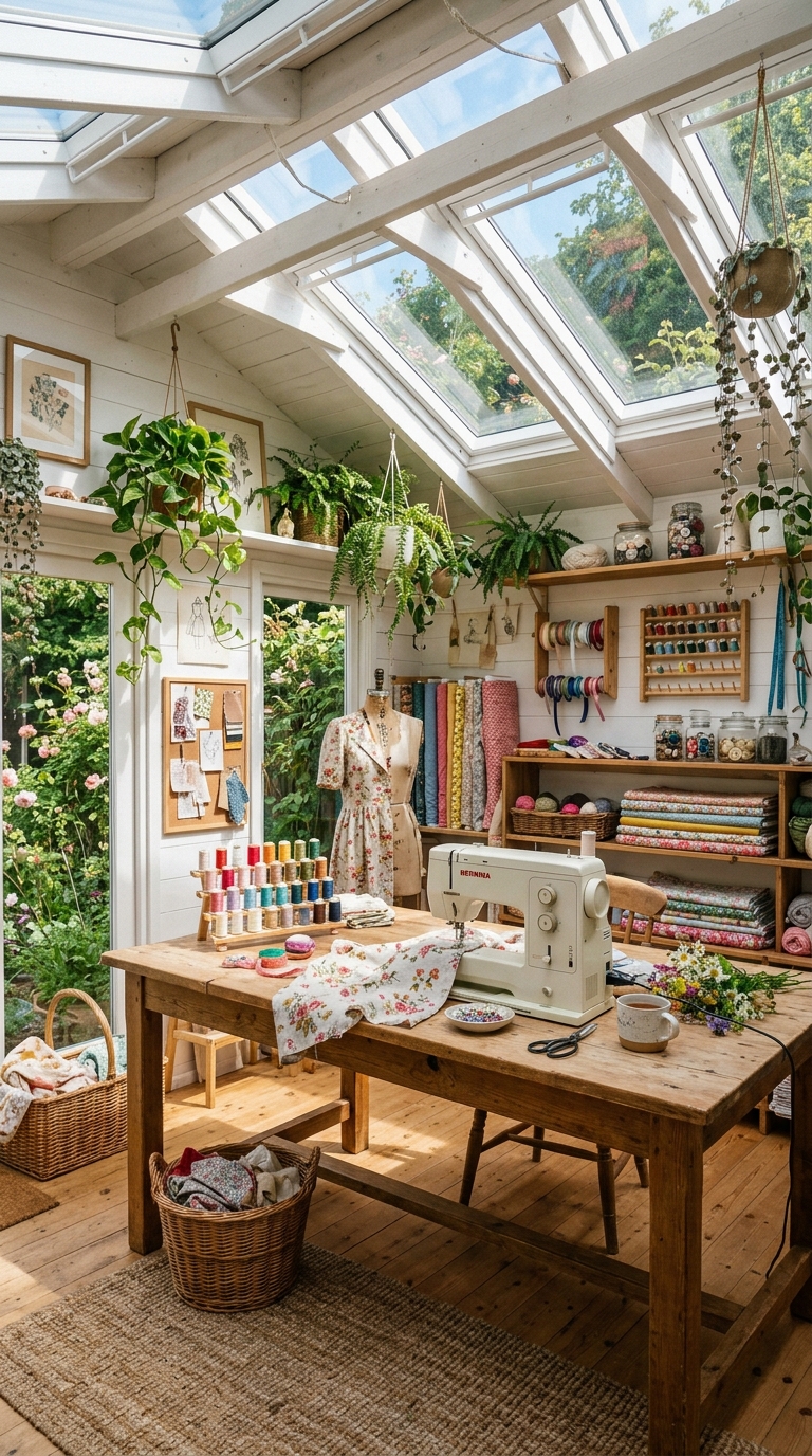 Sunlit sewing she shed idea with glass roof for natural daylight