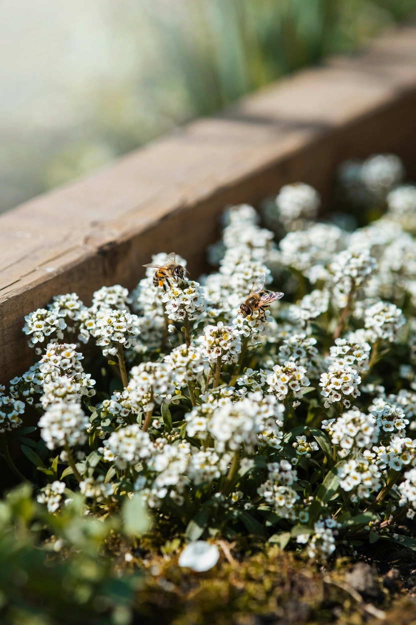 White sweet alyssum flowers growing as a low border carpet attracting beneficial insects and small pollinators