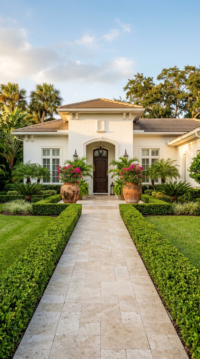 Symmetrical formal Florida front yard with clipped hedges, travertine walkway, and matching pots at the entrance