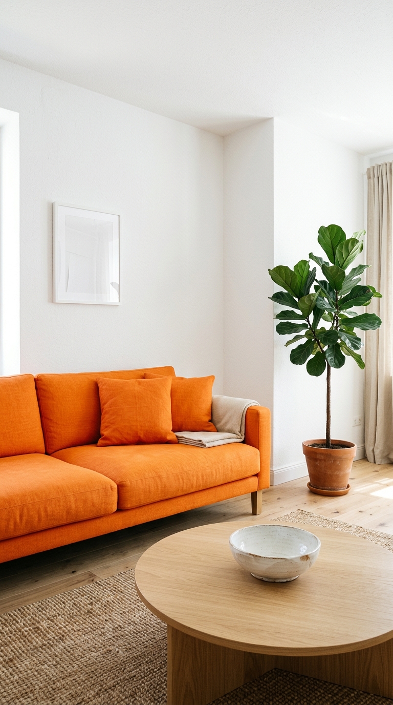 Burnt orange sofa in a minimalist Japandi living room with pale wood, pale walls, and a single ceramic vase