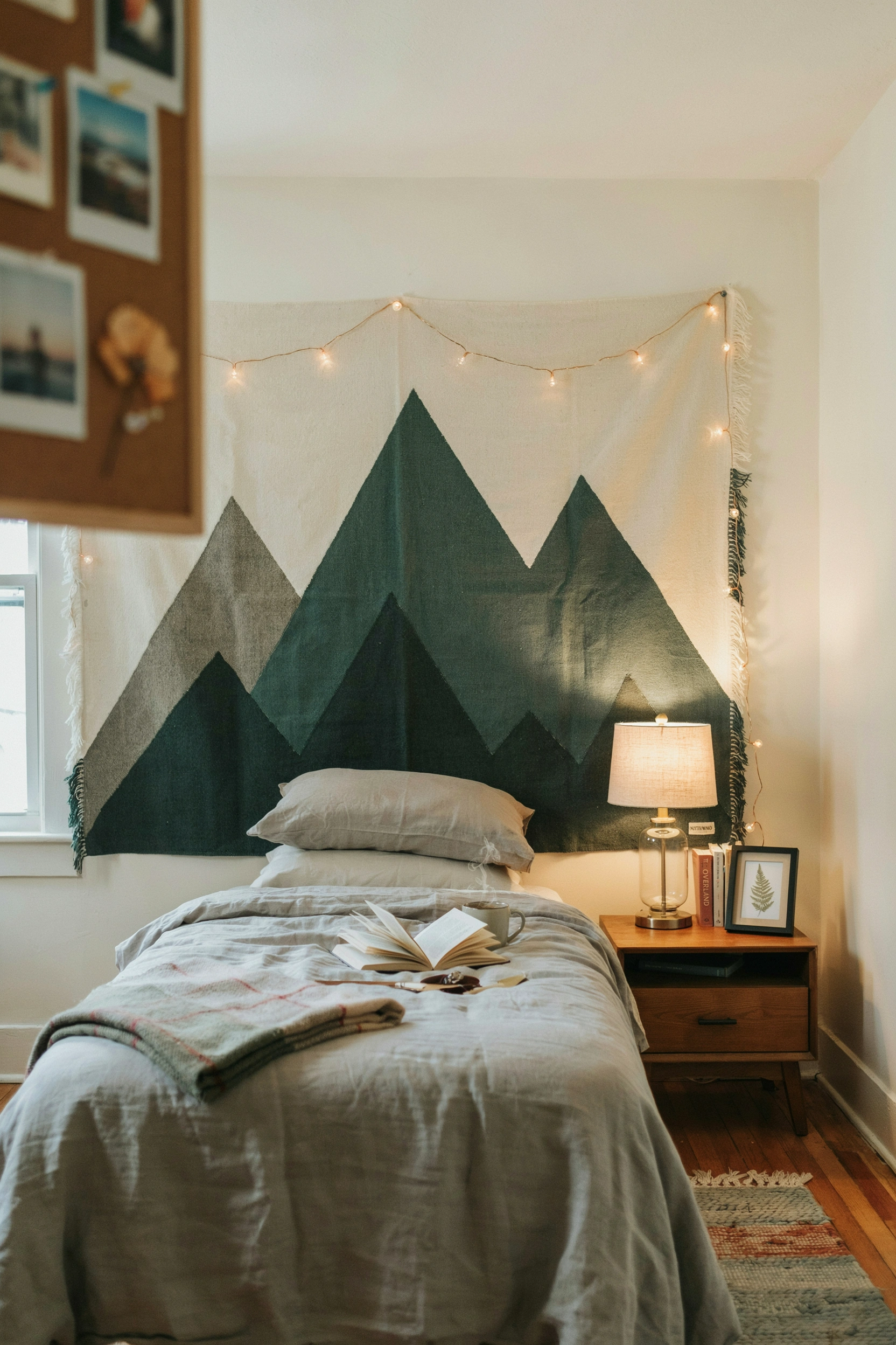 Large mountain tapestry accent wall in college dorm room — bedroom decor ideas for guys