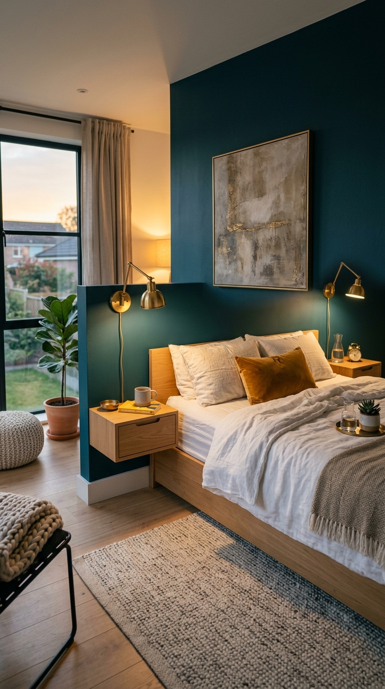 Deep teal accent wall bedroom idea with white bedding and warm brass lighting at night