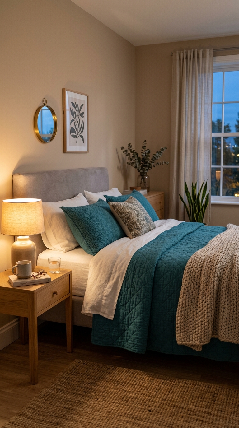 Teal bedding idea layered over neutral walls for an easy bedroom update
