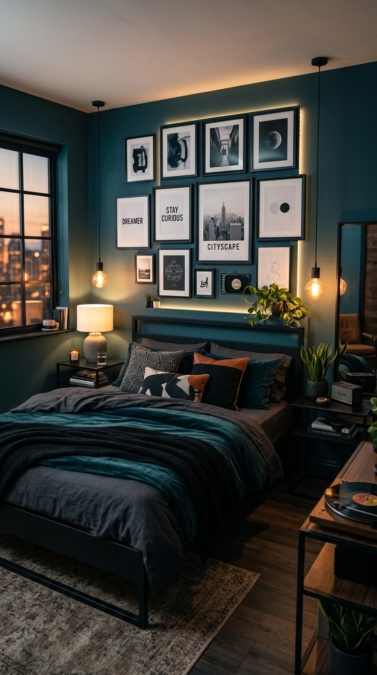 Teal and black bedroom idea with a bold modern edge