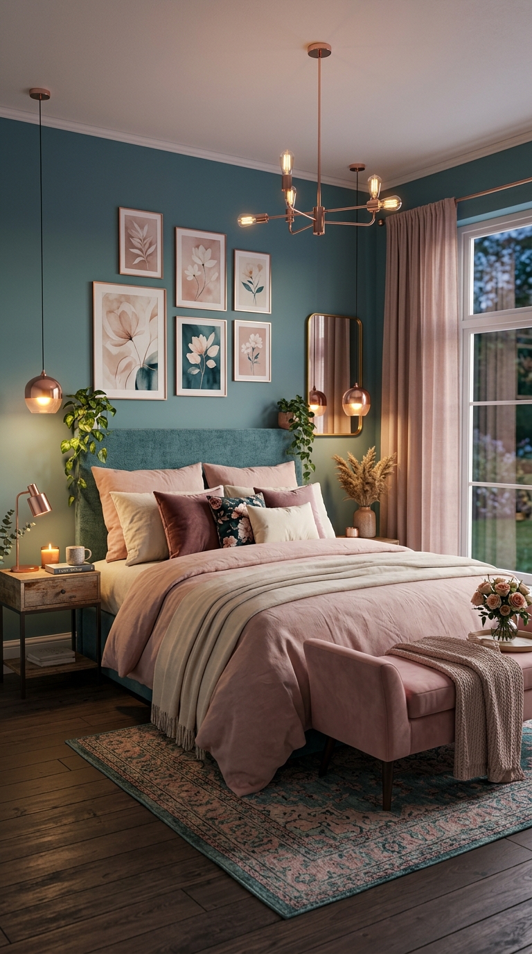 Teal and blush pink bedroom idea with soft romantic styling