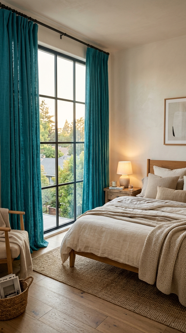 Teal curtains bedroom idea adding soft color near a sunlit window