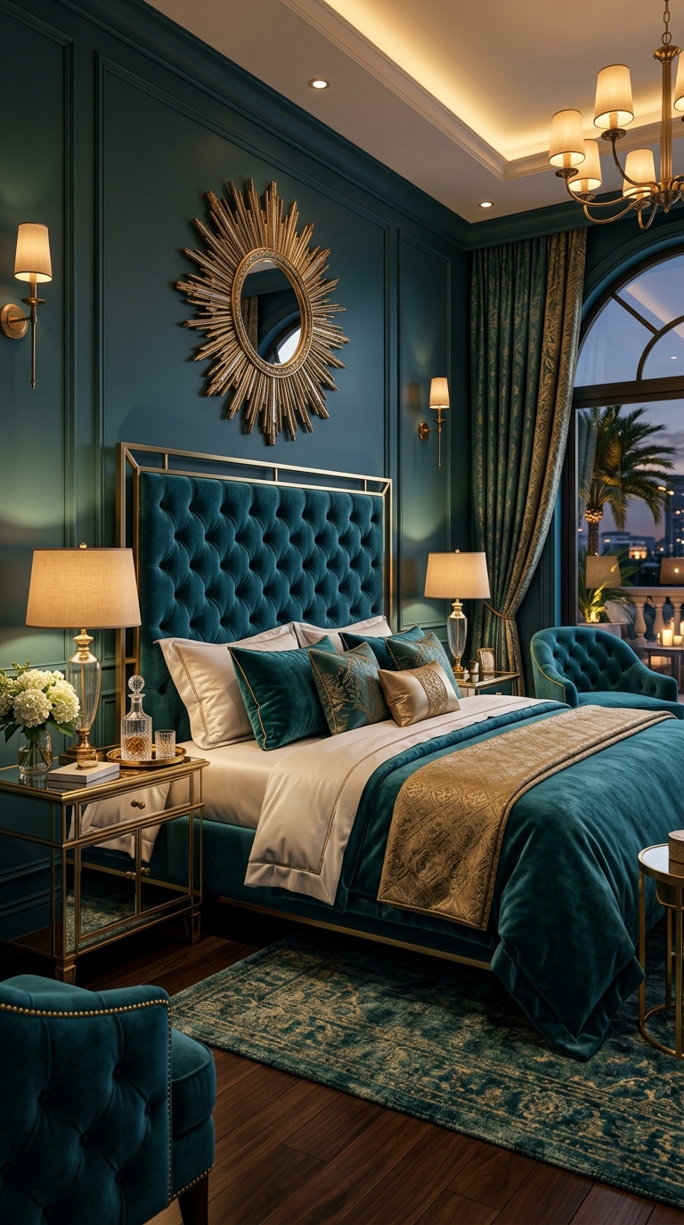 Glam teal and gold bedroom idea with velvet headboard and brass lighting