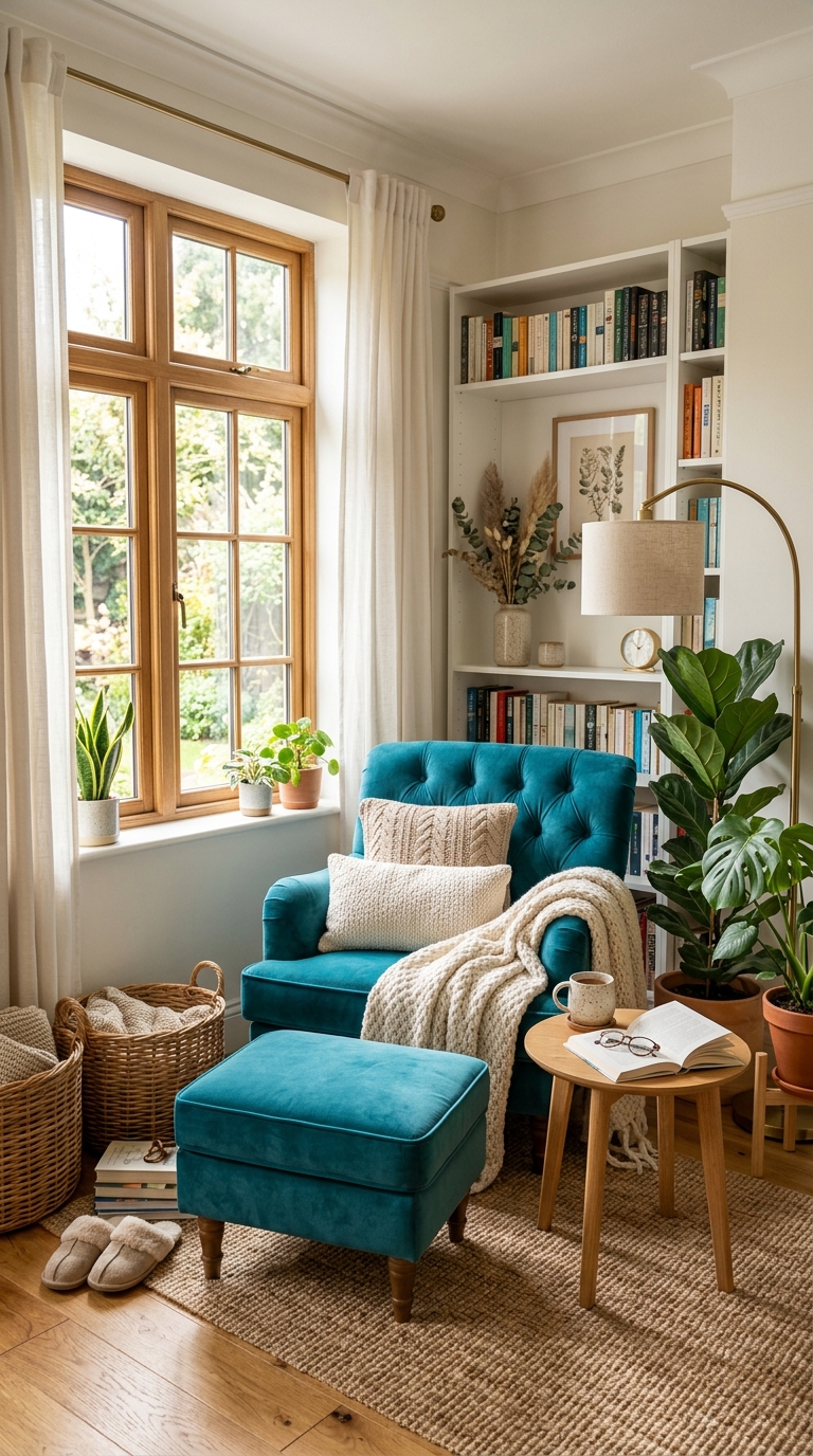 Cozy teal reading nook with a velvet armchair, bookshelves, natural light, and modern Scandinavian home decor.