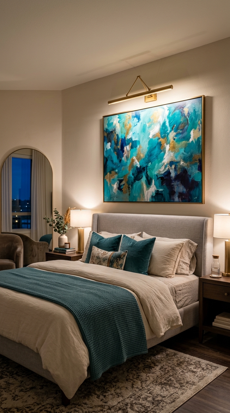 Teal bedroom idea using statement artwork as the main color source